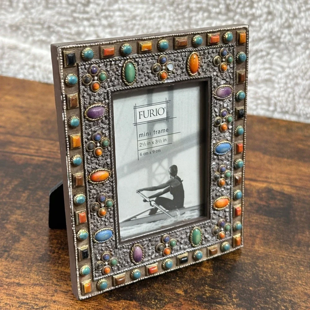 NEW Furio Mini Picture Frame Jeweled Boho Silver Tone Metal ‎ Colorful Stones